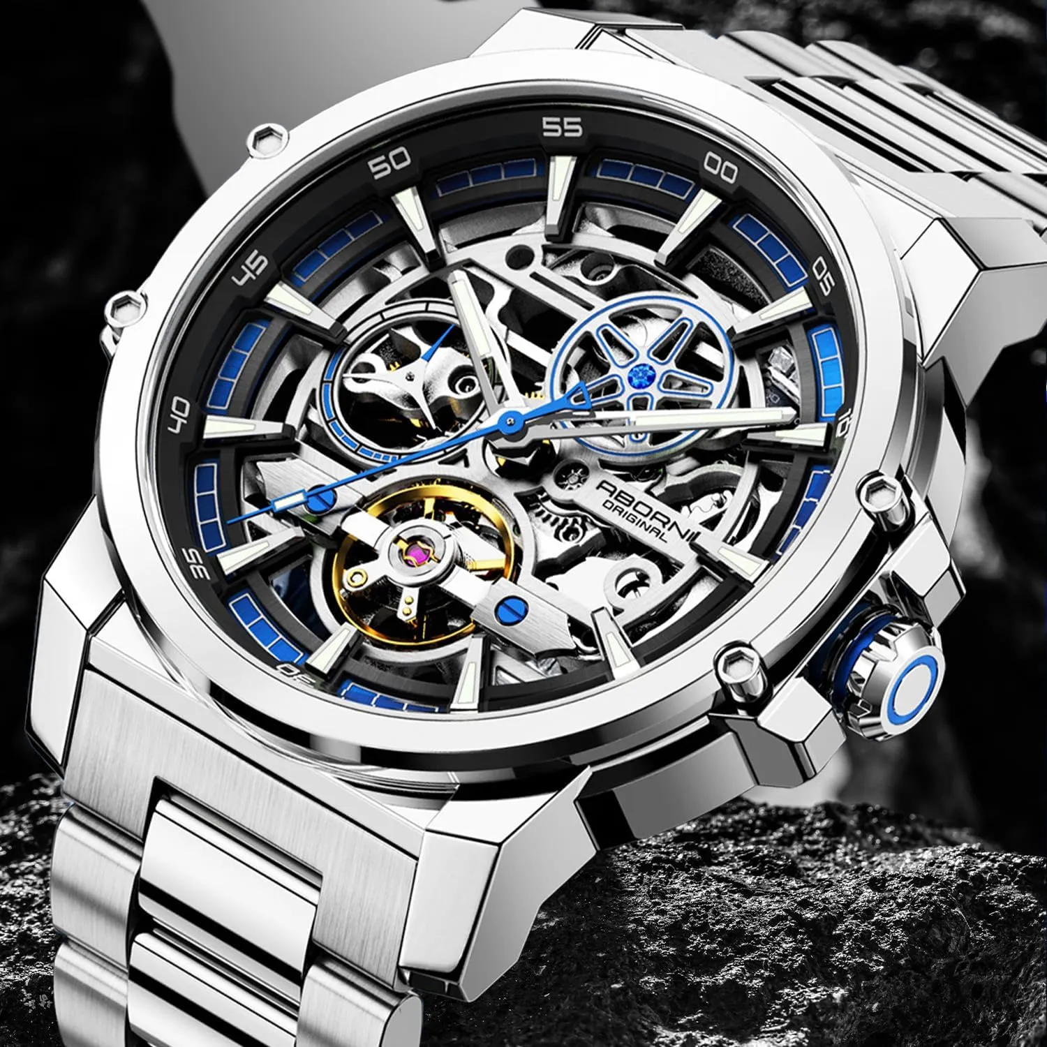 definition solidarity receiver watershed Stainless Steel Strap Mens Wristwatch FORSINING Men's Luxury Automatic Skeleton Mechanical Watch, Industrial Style Self-Winding Hollow Watches with Tourbillon & Luminous Function, 