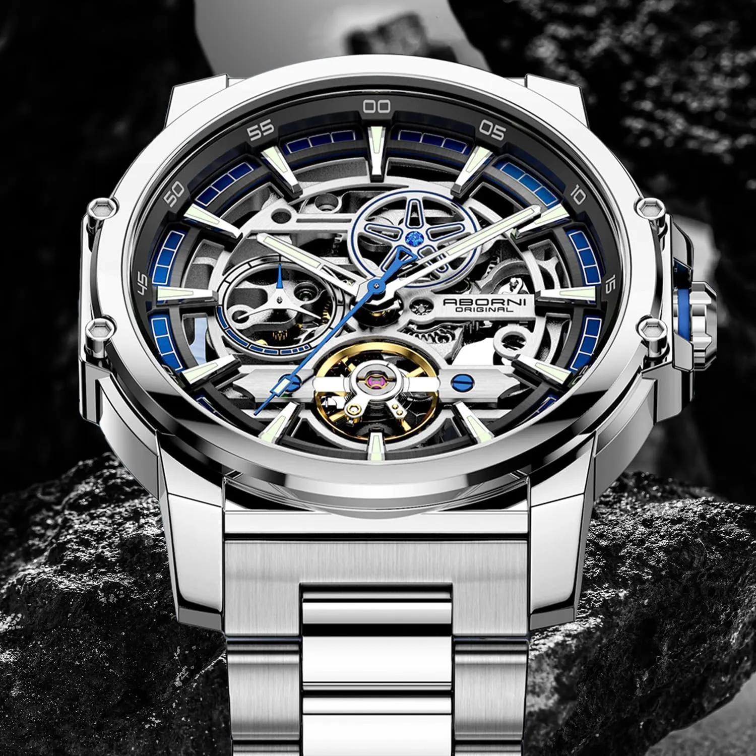 definition solidarity receiver watershed Stainless Steel Strap Mens Wristwatch FORSINING Men's Luxury Automatic Skeleton Mechanical Watch, Industrial Style Self-Winding Hollow Watches with Tourbillon & Luminous Function, 