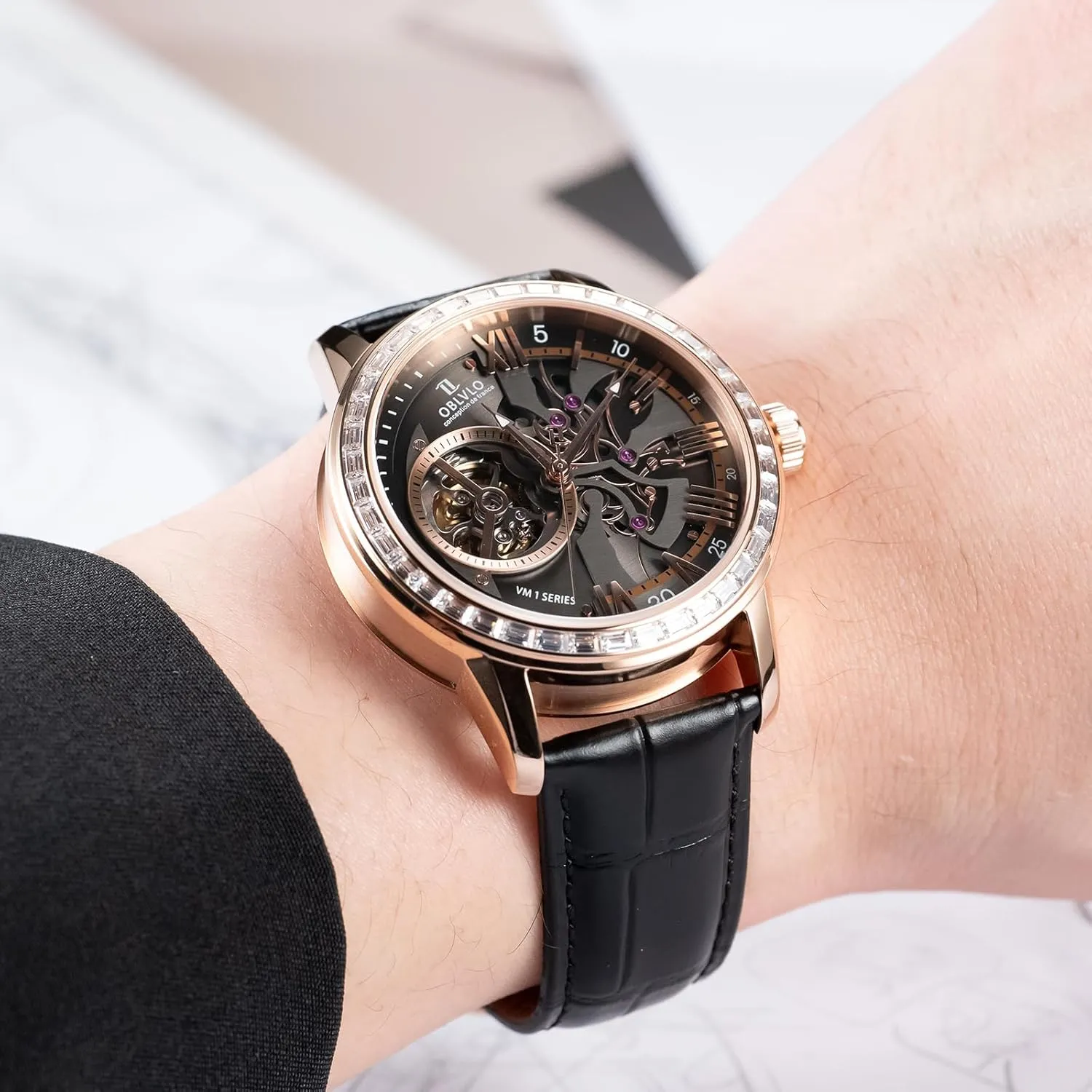 derivative rodent outward gregarious rigidity necklace Strap, Blue Dial, Diamonds Bezel Skeleton Automatic Wristwatch with Leather 