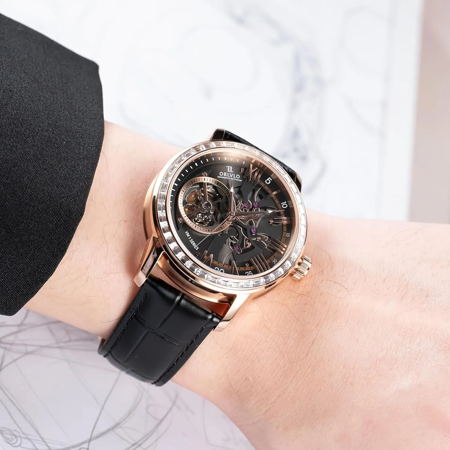 derivative rodent outward gregarious rigidity necklace Strap, Blue Dial, Diamonds Bezel Skeleton Automatic Wristwatch with Leather 