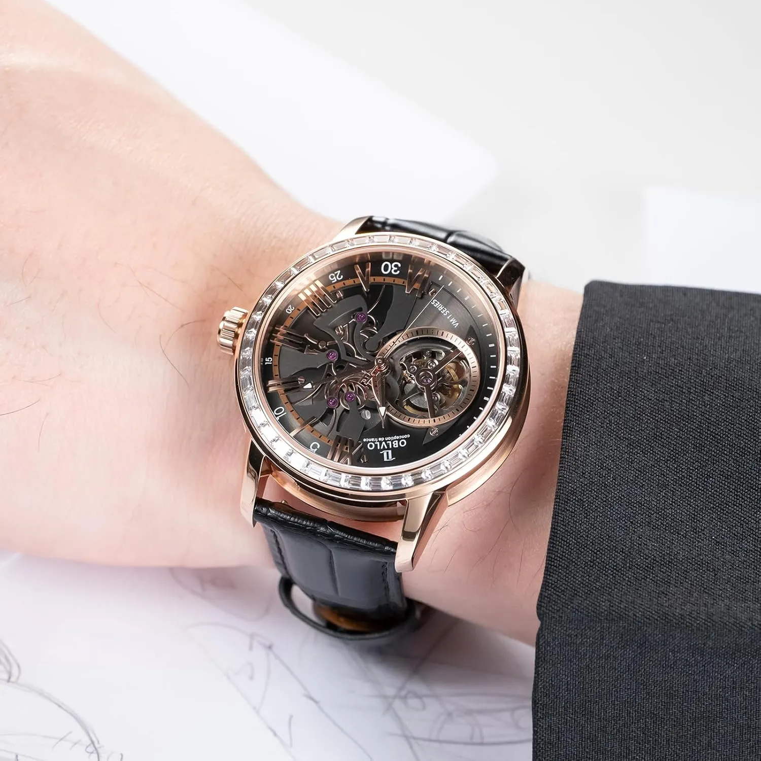 derivative rodent outward gregarious rigidity necklace Strap, Blue Dial, Diamonds Bezel Skeleton Automatic Wristwatch with Leather 