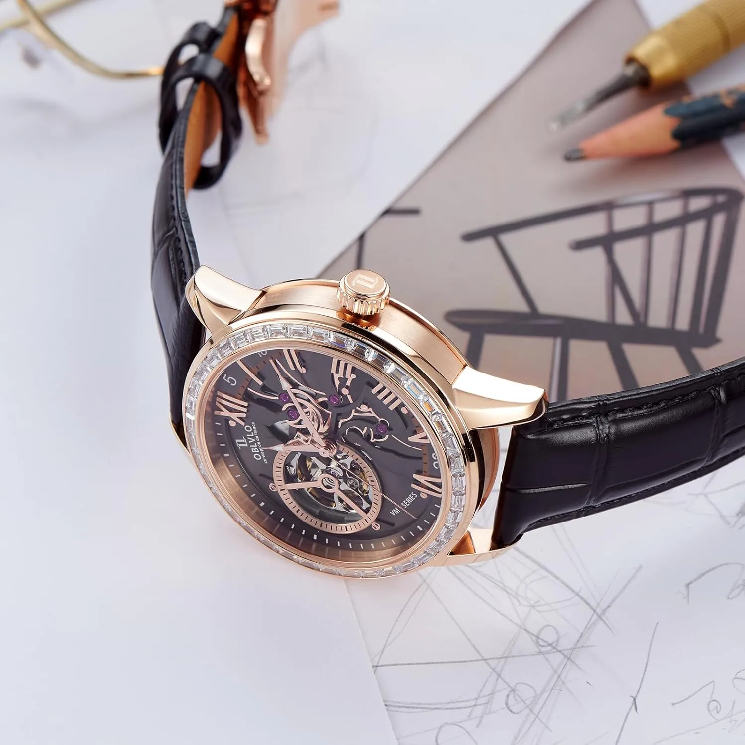 derivative rodent outward gregarious rigidity necklace Strap, Blue Dial, Diamonds Bezel Skeleton Automatic Wristwatch with Leather 