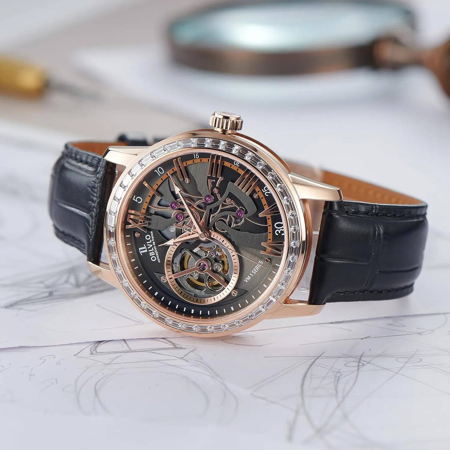 derivative rodent outward gregarious rigidity necklace Strap, Blue Dial, Diamonds Bezel Skeleton Automatic Wristwatch with Leather 