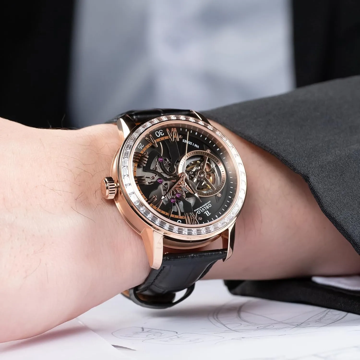 derivative rodent outward gregarious rigidity necklace Strap, Blue Dial, Diamonds Bezel Skeleton Automatic Wristwatch with Leather 