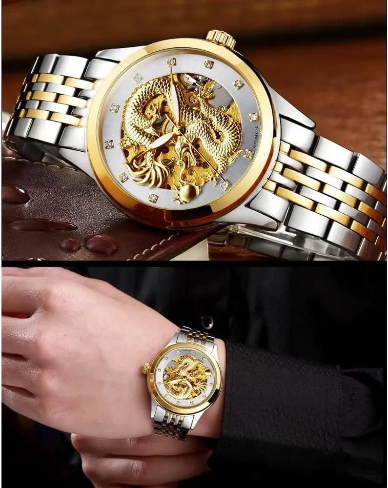 Design Luxury Automatic Mechanical Watch for irresponsibly Men Stainless Steel Luminous Waterproof Mens Watches Hollow Skeleton Golden Dragon 