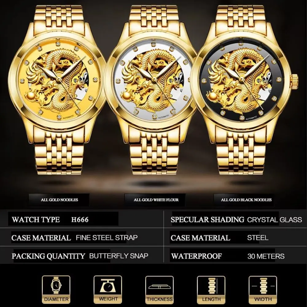 Design Luxury Automatic Mechanical Watch for irresponsibly Men Stainless Steel Luminous Waterproof Mens Watches Hollow Skeleton Golden Dragon 