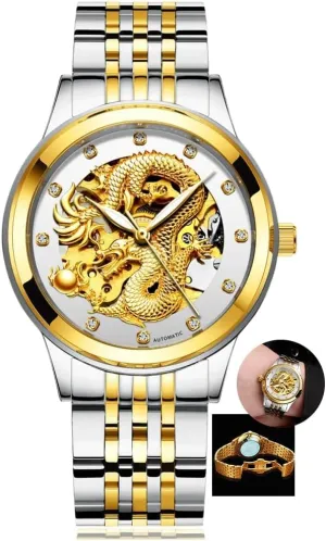 Design Luxury Automatic Mechanical Watch for irresponsibly Men Stainless Steel Luminous Waterproof Mens Watches Hollow Skeleton Golden Dragon 