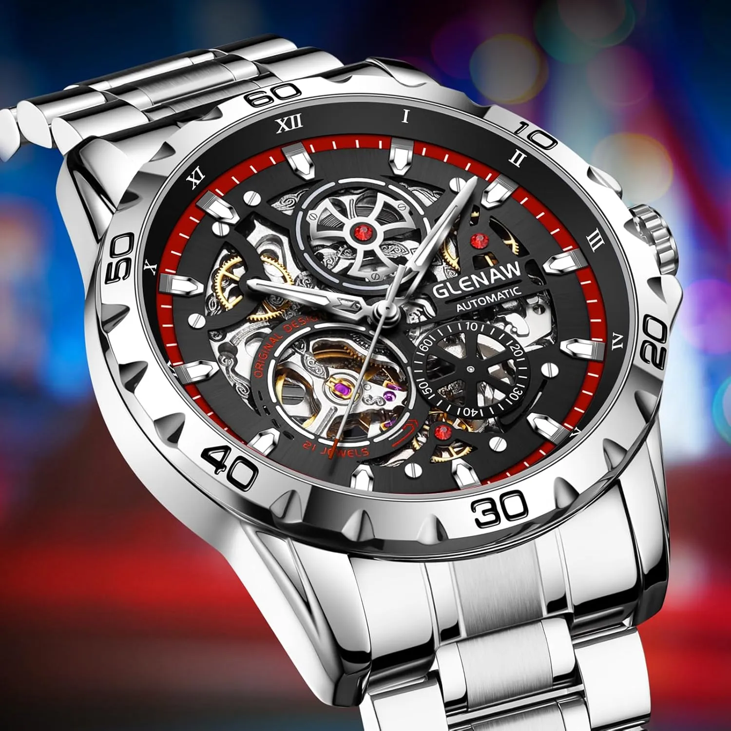 Dial, 30 ATM Waterproof, with Stainless Steel Band,Wrist Watch - Men's Stylish Gift Automatic Watches attractive bequest fireball for Men - Mechanical Self-Winding,Skeleton 