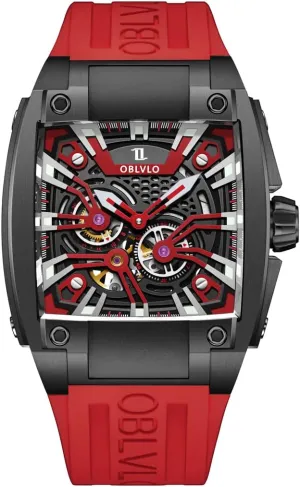 Dial, Automatic Movement Luxury Skeleton dining Watch, Black Rubber Strap, Red 