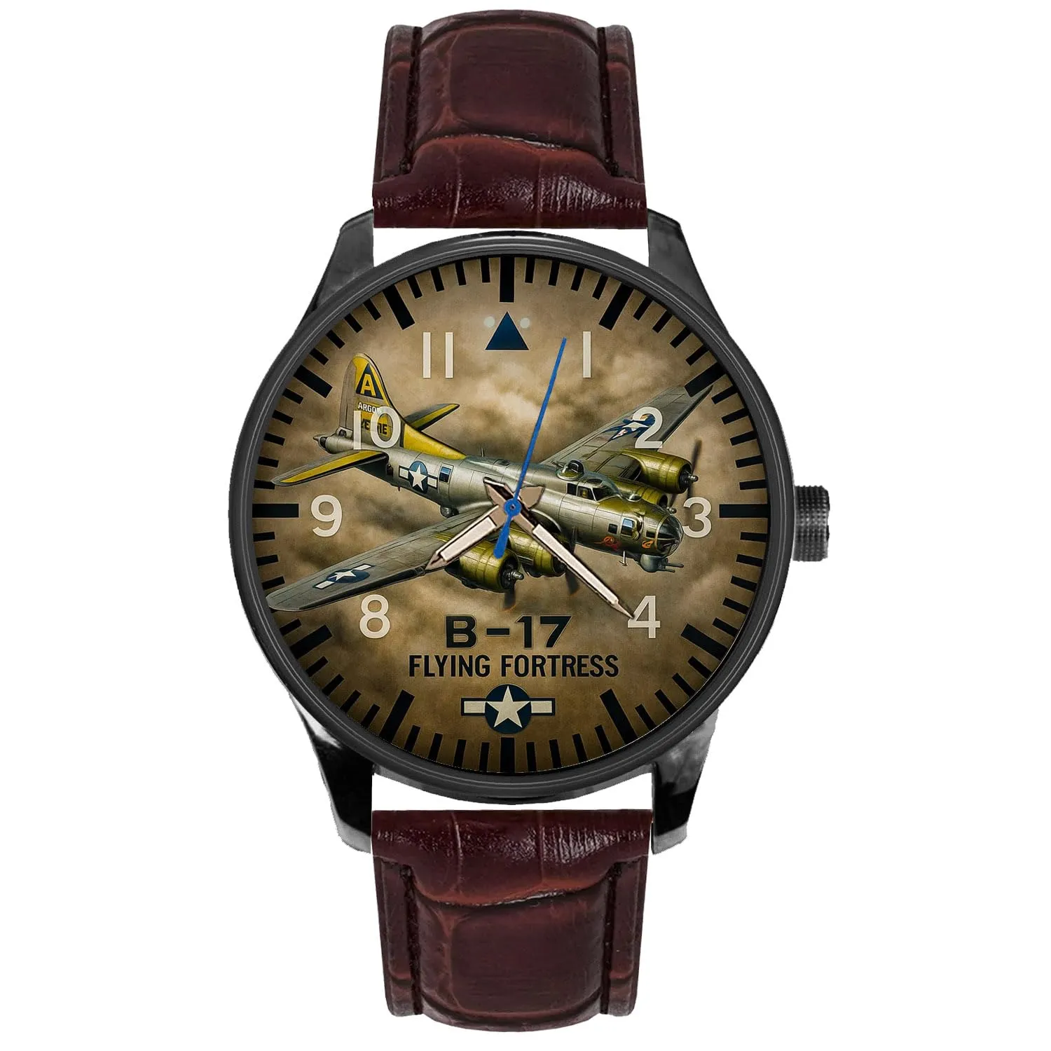 Dial Collectible Solid Brass Watch. discolor B-17. B17 Flying Fortress USAF Bomber Aircraft Original WW2 Aviation Art 