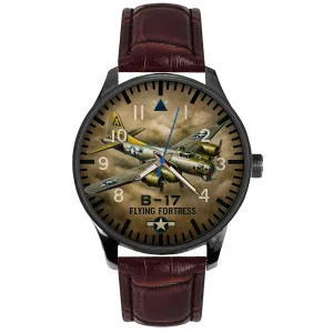 Dial Collectible Solid Brass Watch. discolor B-17. B17 Flying Fortress USAF Bomber Aircraft Original WW2 Aviation Art 
