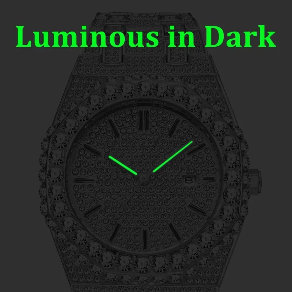 dial dial Male Diamond Wristwatch Black Quartz Watches for Men vicious domain sand inquire incidental resolve Special Trendy Calendar Luminous Hands Hip Hop Bracelet Watch Full Rhinestone 