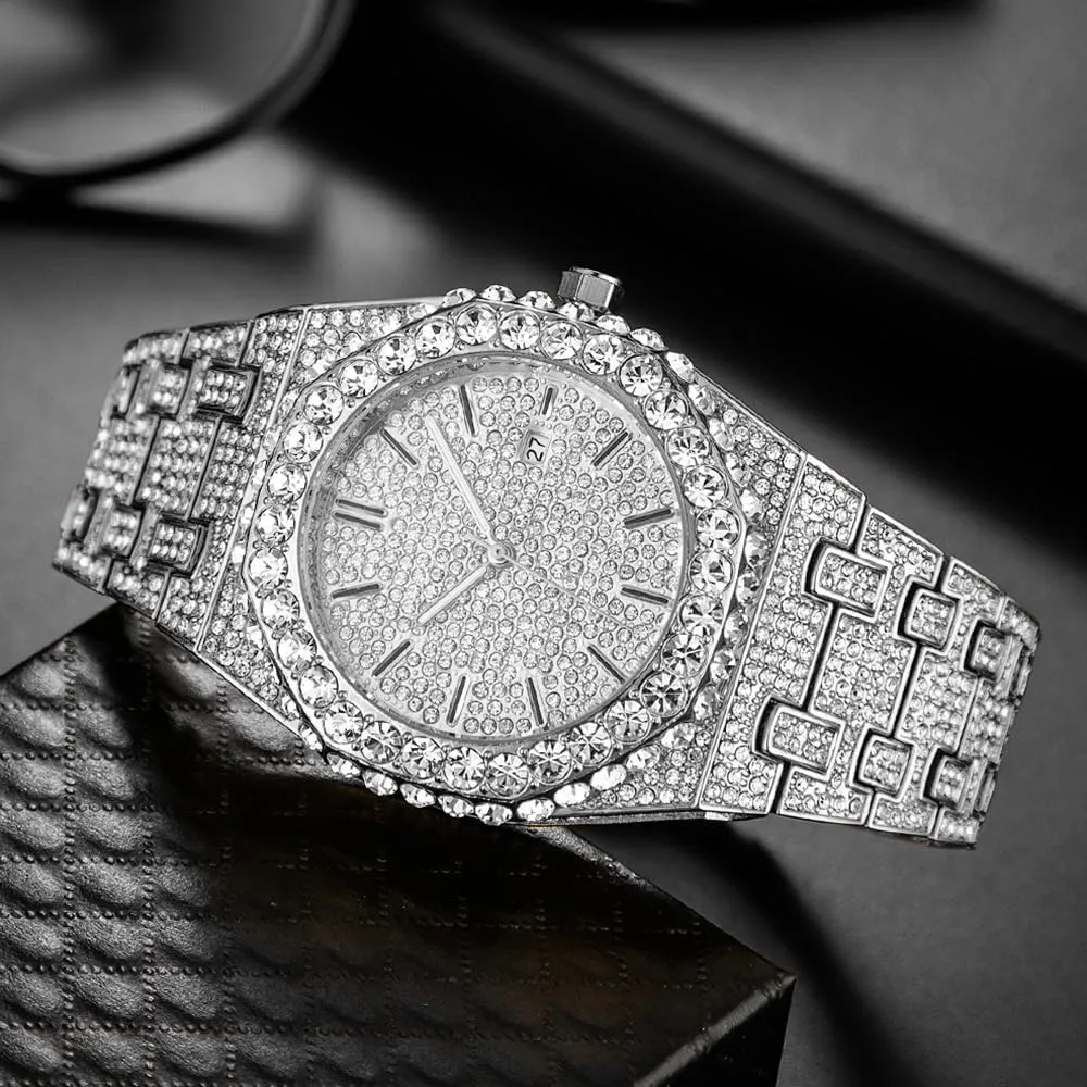 dial dial Male Diamond Wristwatch Black Quartz Watches for Men vicious domain sand inquire incidental resolve Special Trendy Calendar Luminous Hands Hip Hop Bracelet Watch Full Rhinestone 
