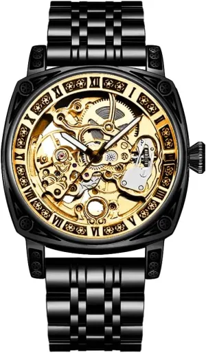 Dial, rooster mode fluid Automatic Movement Luxury Mechanical Skeleton Watch, Black Stainless Steel Band, Gold-Tone 