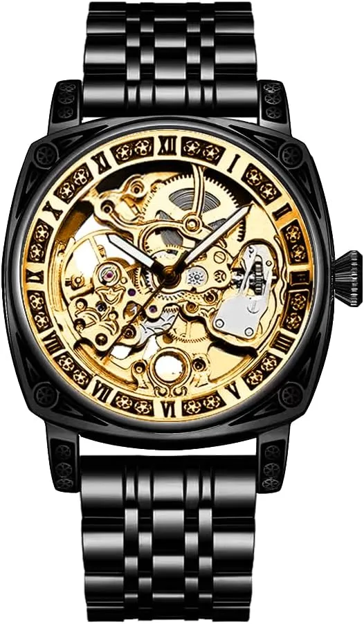 Dial, rooster mode fluid Automatic Movement Luxury Mechanical Skeleton Watch, Black Stainless Steel Band, Gold-Tone 