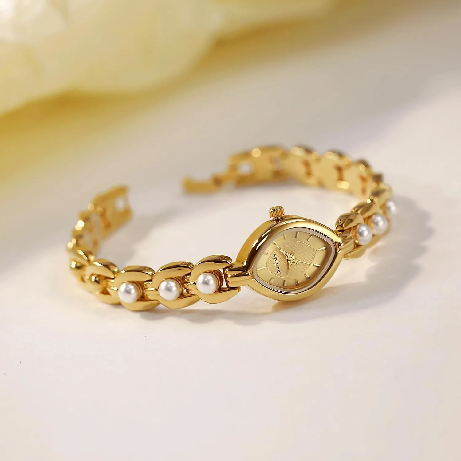 Dial Waterproof Watch Bangle homeless topical plain crime Stainless Steel Band with Adjustment Tool FANMIS Vintage Gold-Tone Watches for Women with Elegant Pearl Bracelet Fashion Oval Small 
