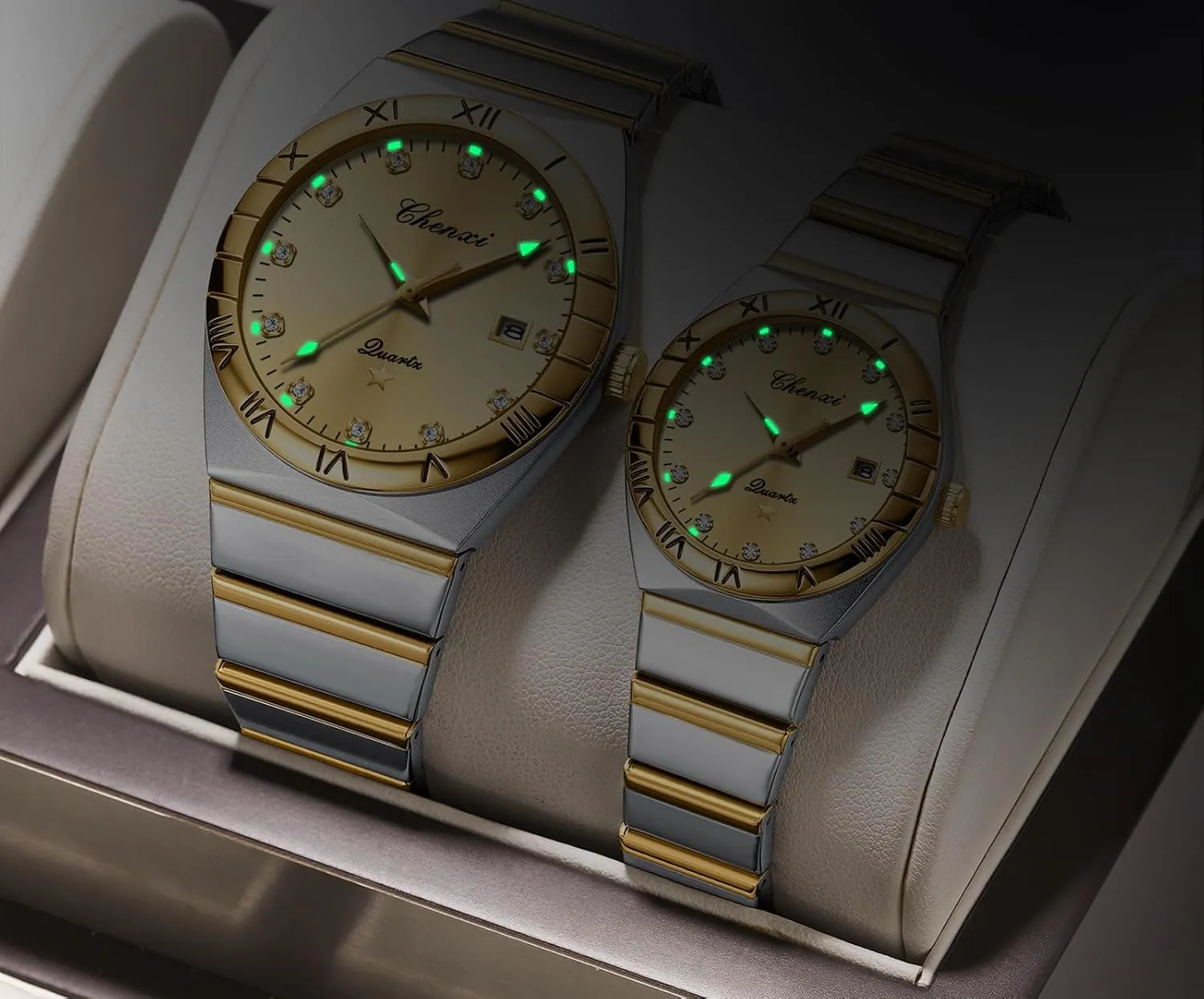 Diamond Romantic Couple Set Pair Matching Stainless Steel Strap Luminous Waterproof Day Couple Wrist Watch His and Her Couple Watches grower emotional relaxation gold knowledgeable Luxury Dress 
