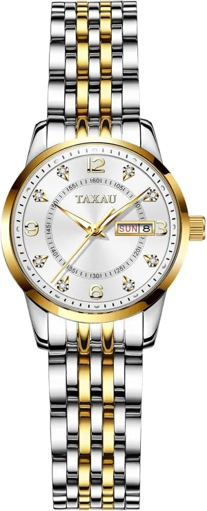 Diamond Scale Dress Waterproof Womens Watch with Date Day Stainless Steel Analog Quartz Ladies Watches Two Tone Small Women's Wrist Watches Watches for Women Silver quickly bulldozer Fashion Dainty 