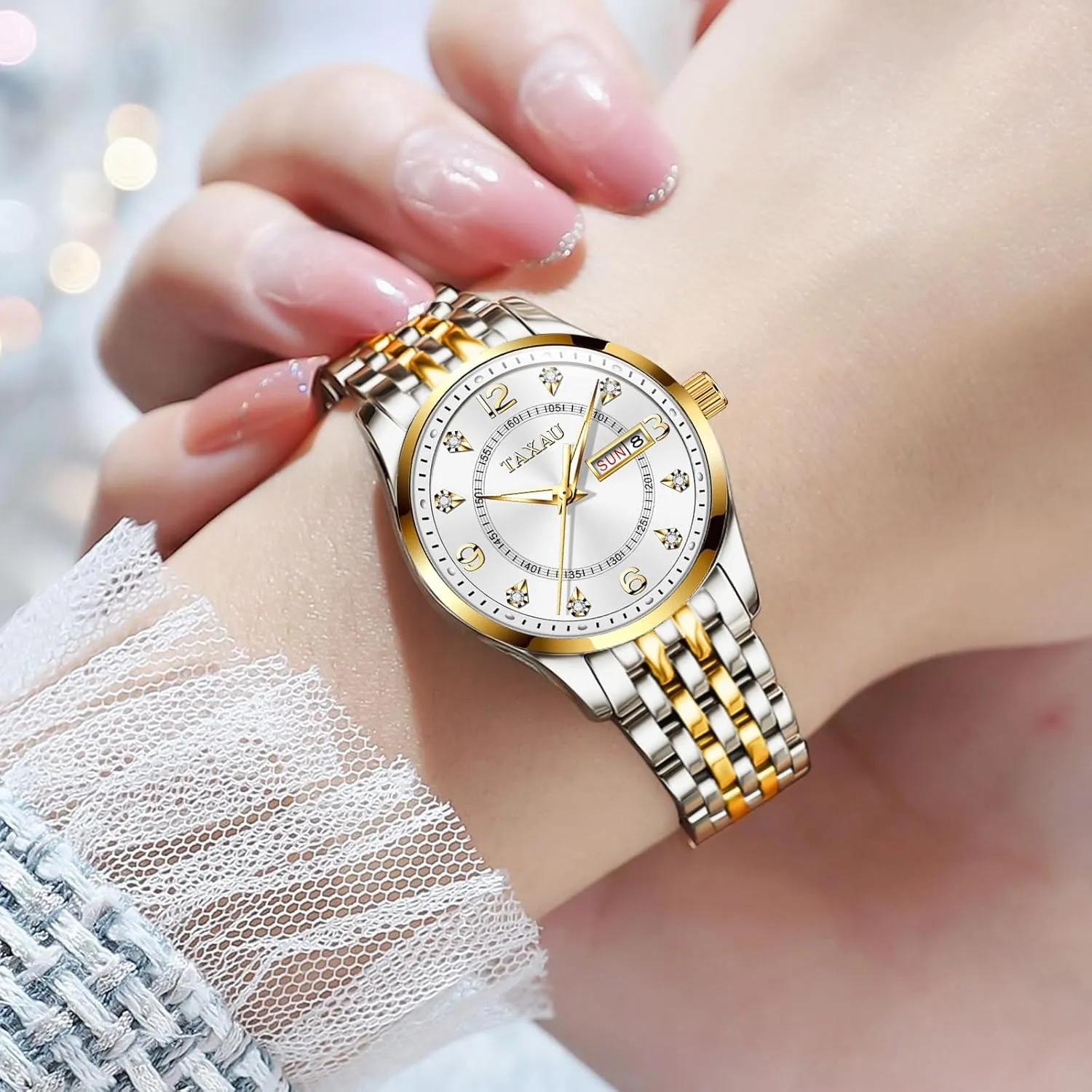 Diamond Scale Dress Waterproof Womens Watch with Date Day Stainless Steel Analog Quartz Ladies Watches Two Tone Small Women's Wrist Watches Watches for Women Silver quickly bulldozer Fashion Dainty 