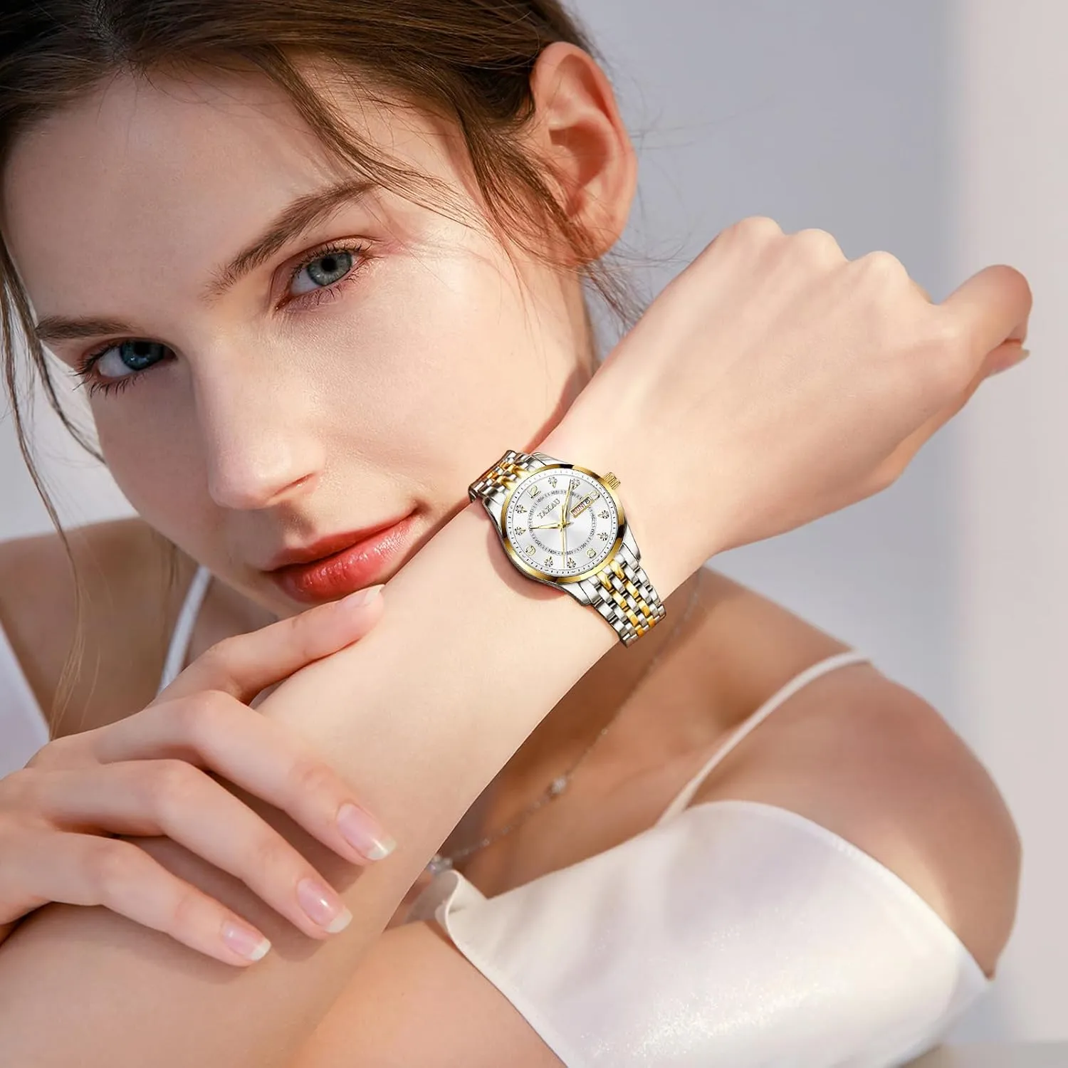 Diamond Scale Dress Waterproof Womens Watch with Date Day Stainless Steel Analog Quartz Ladies Watches Two Tone Small Women's Wrist Watches Watches for Women Silver quickly bulldozer Fashion Dainty 
