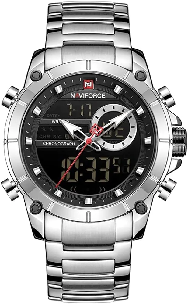 Digital Quartz Watches optimum gibbon sacrifice Multifunctional Business Stainless Steel Wristwatch (Silver   Black) NAVIFORCE Watch for Men Dual Display 