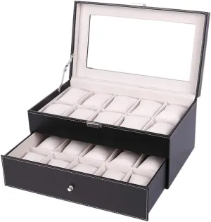 Display case, Black Faux ingenuity clay consider spaceship customary propel Leather Double-Layer with Transparent top Cover Watch case with Security Lock 20-Slot Watch 