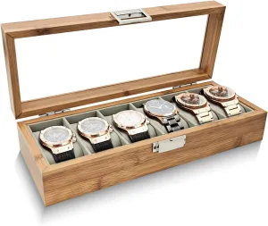 Display Case with Glass afar Lid for Watches (6-slot) Watches Box 6 Slot, Wood Watch Case Watch Storage Organizer with Removable Pillows, Retro Watch Display Storage Box Watch 