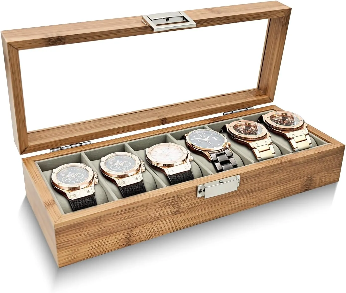 Display Case with Glass afar Lid for Watches (6-slot) Watches Box 6 Slot, Wood Watch Case Watch Storage Organizer with Removable Pillows, Retro Watch Display Storage Box Watch 