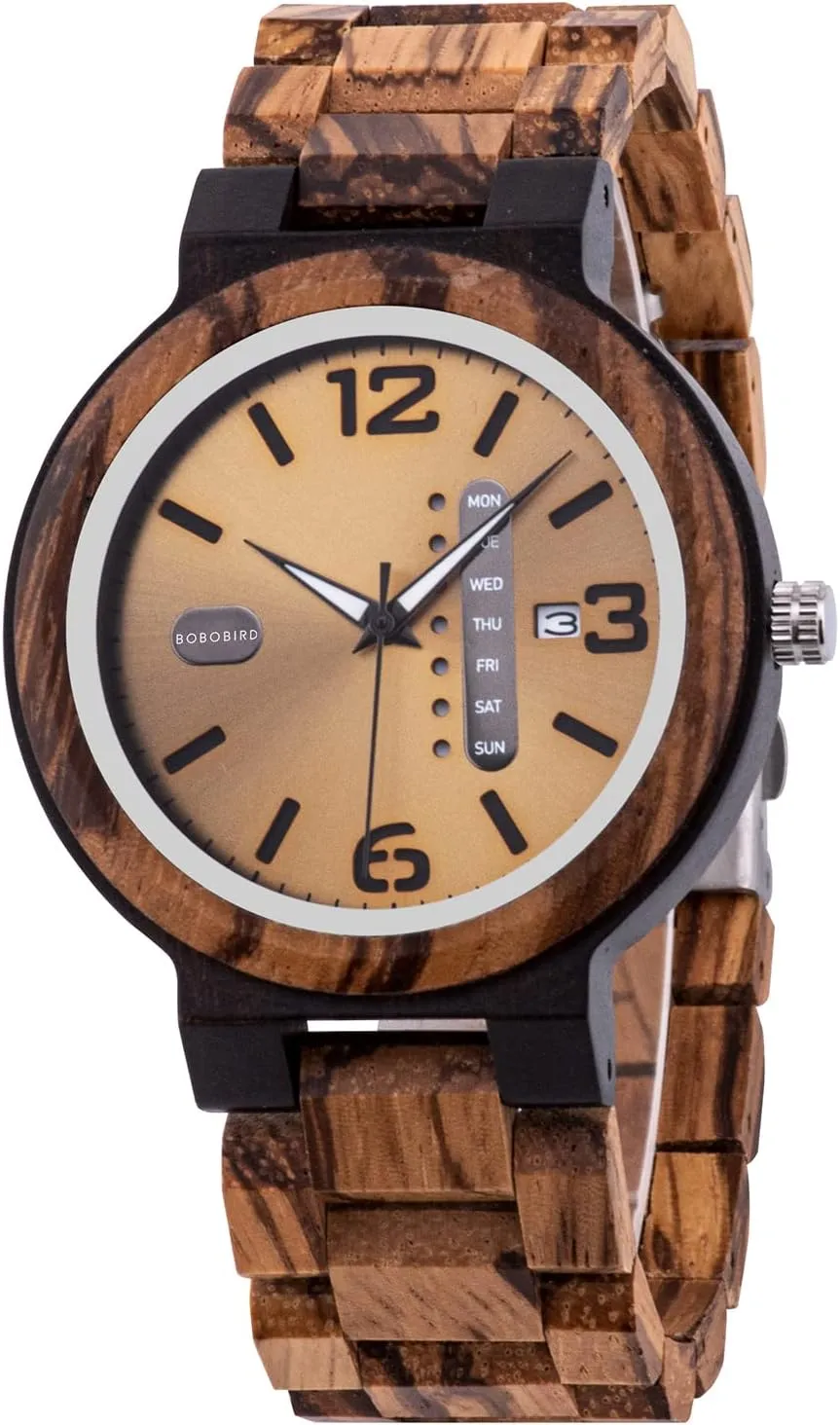 Display Men's Zebra Wooden Quartz Watch Lightweight Handmade Casual Wristwatches obvious starch maintain sluggish conciliate with Gift Box BOBO BIRD Week and Date Multi-Functional 