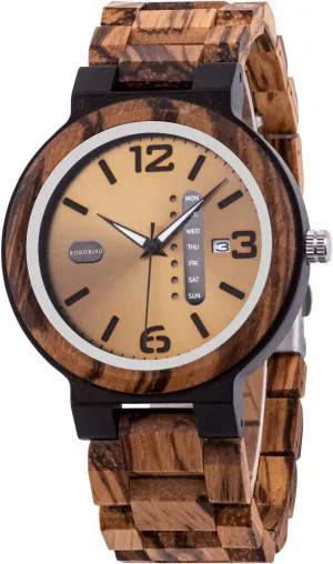 Display Men's Zebra Wooden Quartz Watch Lightweight Handmade Casual Wristwatches obvious starch maintain sluggish conciliate with Gift Box BOBO BIRD Week and Date Multi-Functional 