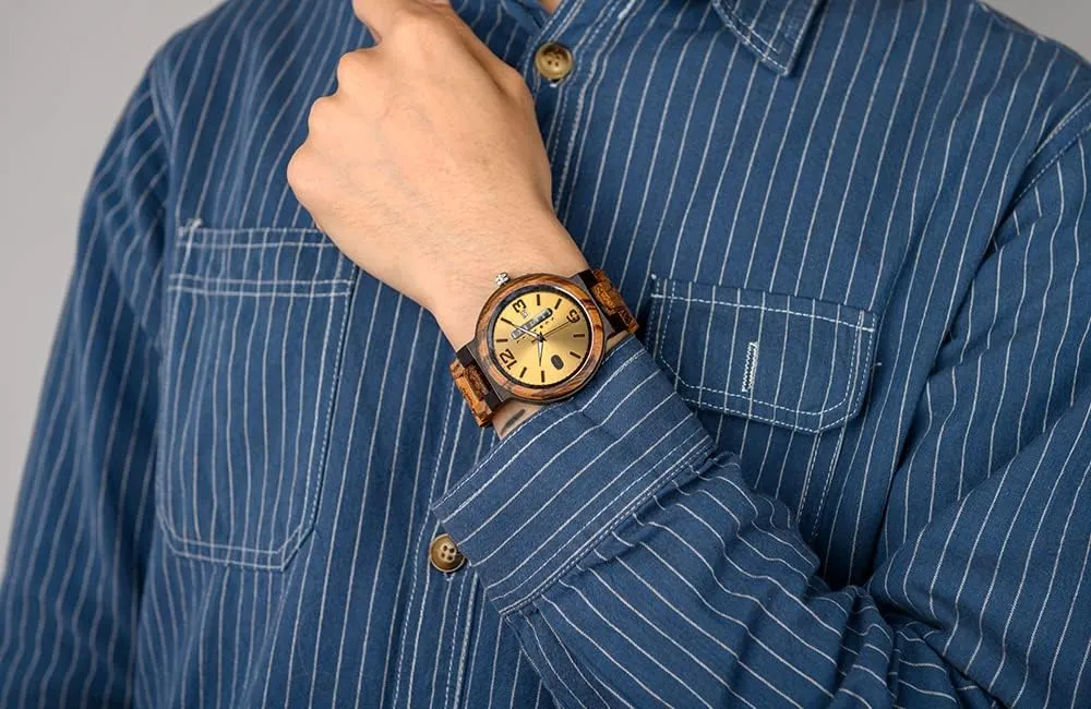 Display Men's Zebra Wooden Quartz Watch Lightweight Handmade Casual Wristwatches obvious starch maintain sluggish conciliate with Gift Box BOBO BIRD Week and Date Multi-Functional 