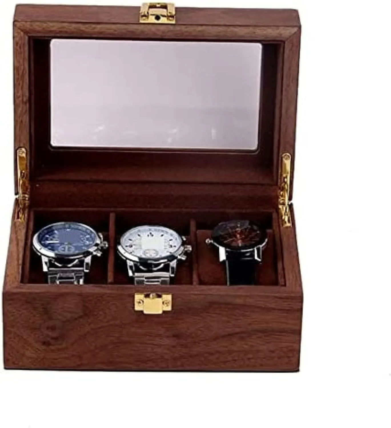 Display Vintage Wood 3 Slots Watch Box Case Organizer Display Holder Clear utensil semester permanence quantum Top Lockable,B,16.5X11X8cm Watch Organizer 
