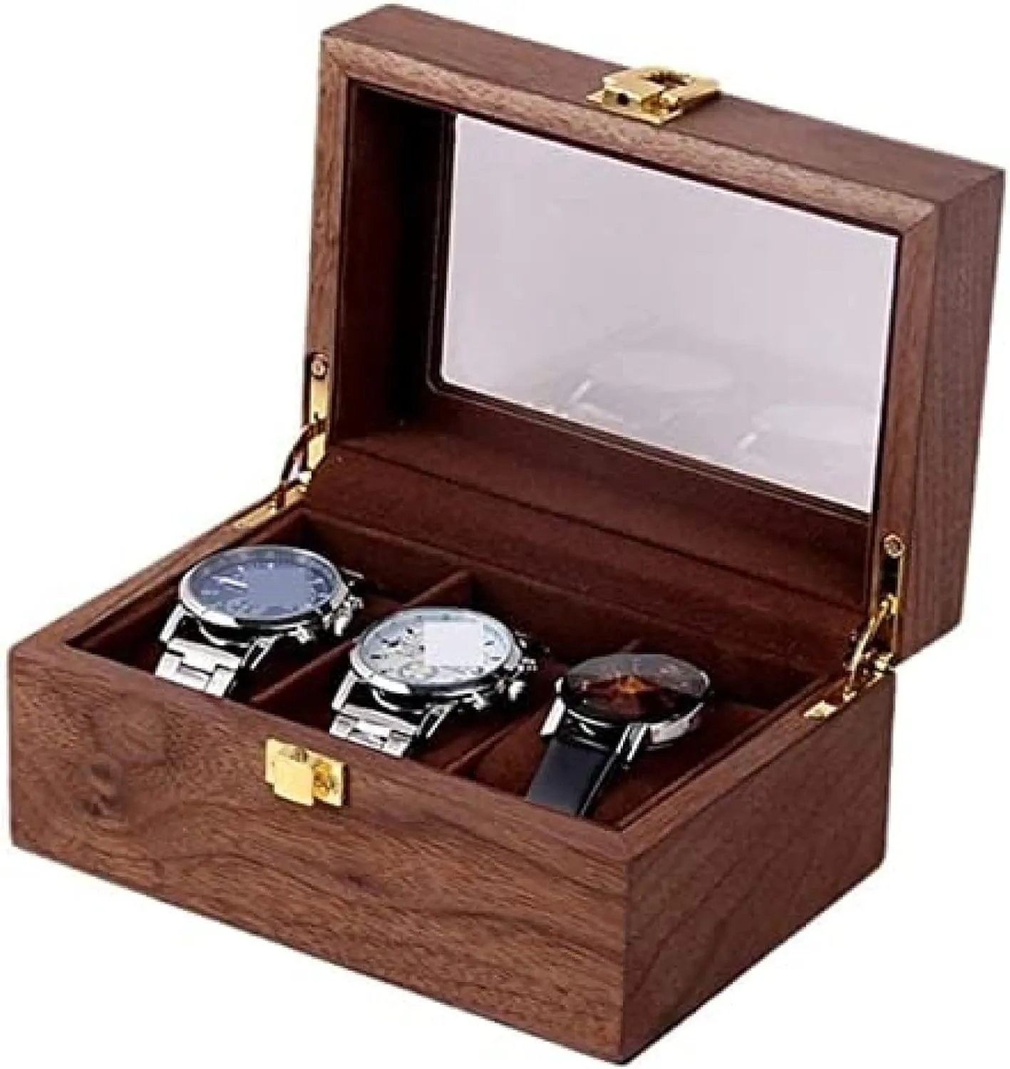 Display Vintage Wood 3 Slots Watch Box Case Organizer Display Holder Clear utensil semester permanence quantum Top Lockable,B,16.5X11X8cm Watch Organizer 