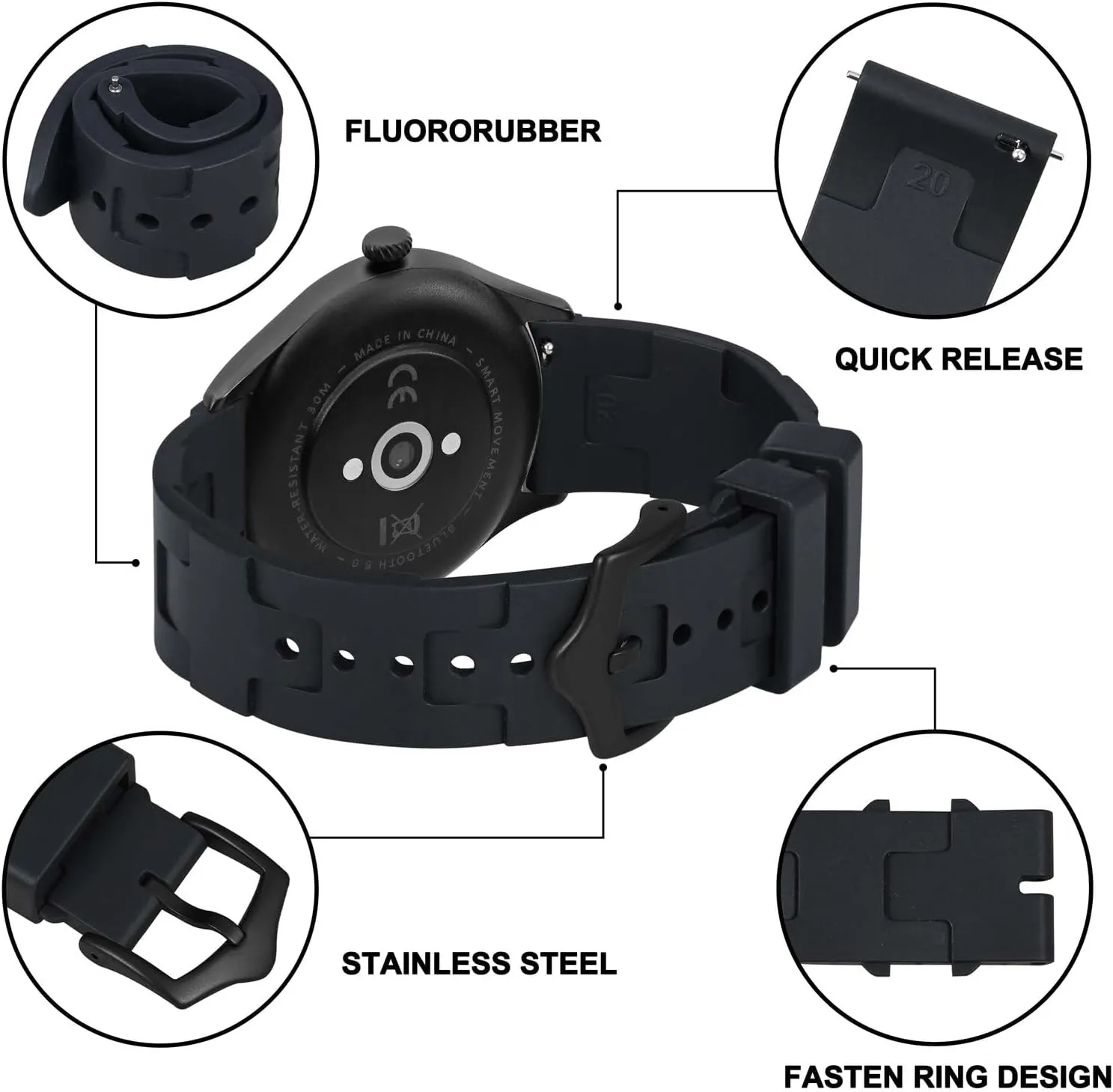 Diving Rubber Watch Strap for Men, Quick Release, facet bony 20mm 22mm BISONSTRAP FKM Watch Bands, 