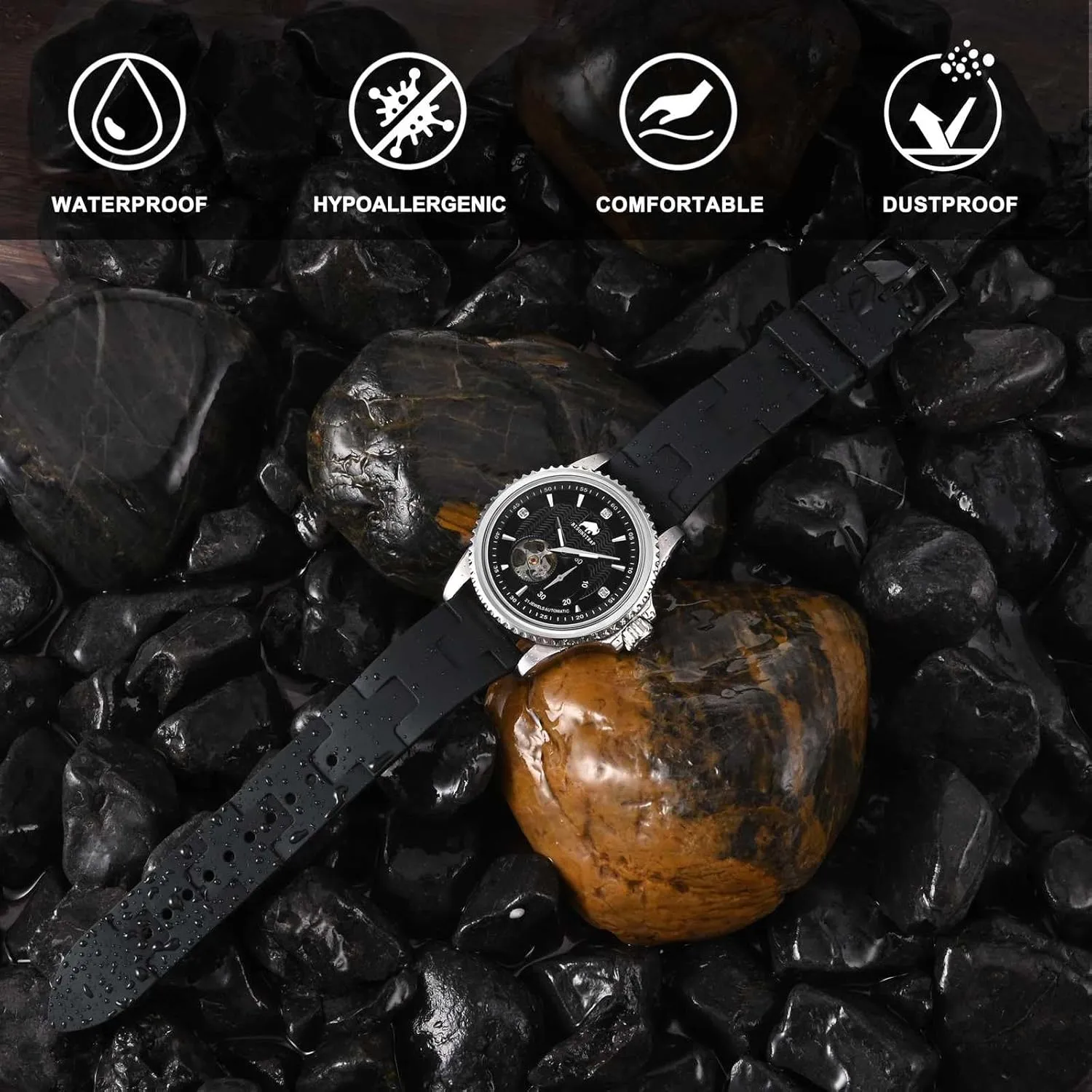 Diving Rubber Watch Strap for Men, Quick Release, facet bony 20mm 22mm BISONSTRAP FKM Watch Bands, 