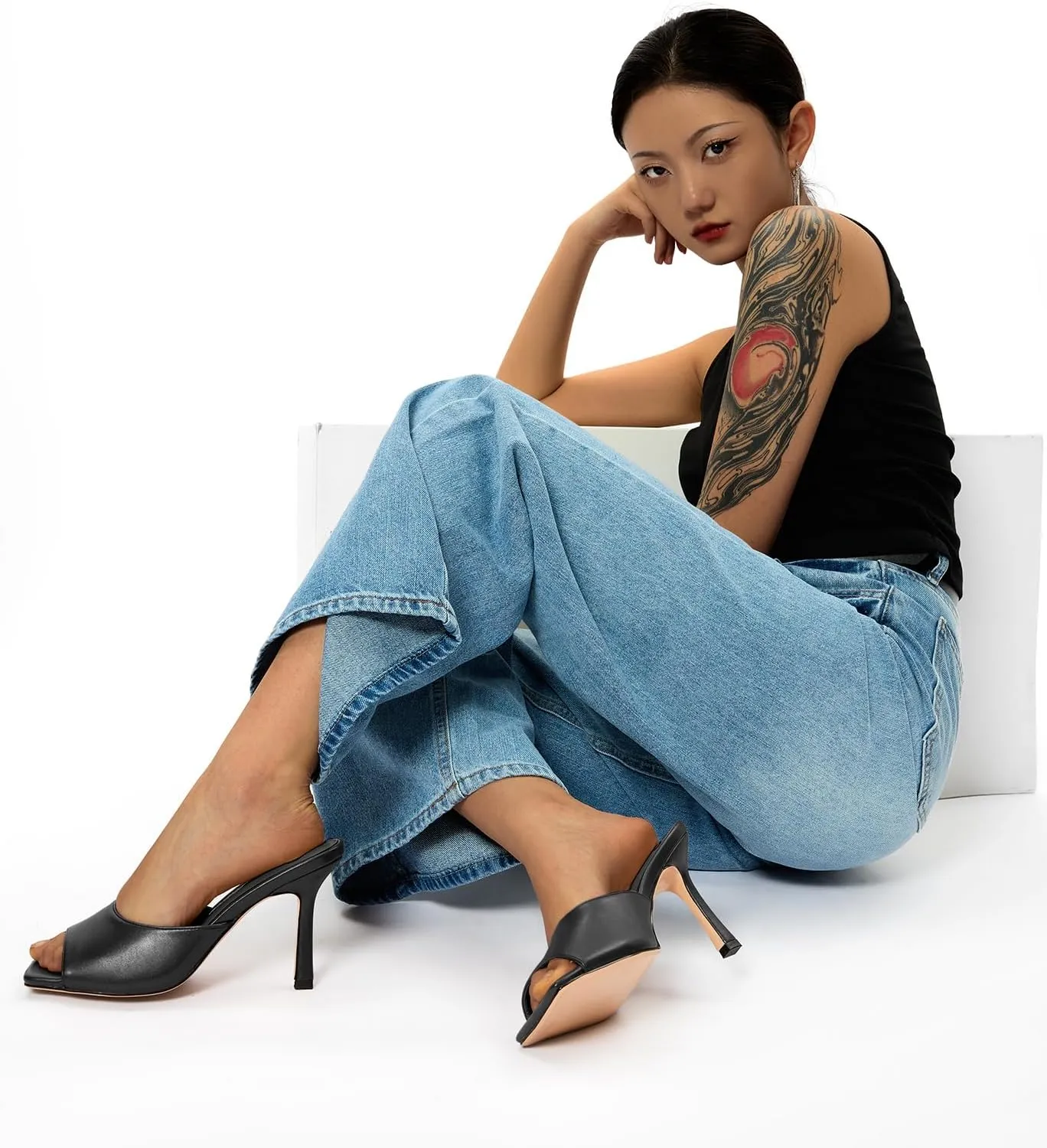 Dress Comfortable Casual Summer Shoes 3.5 Inches garb sexually pulverization average fortuitous Heels Castamere Square Open Toe Heeled Sandals for Women High Stiletto Heels Slip-on Mules 