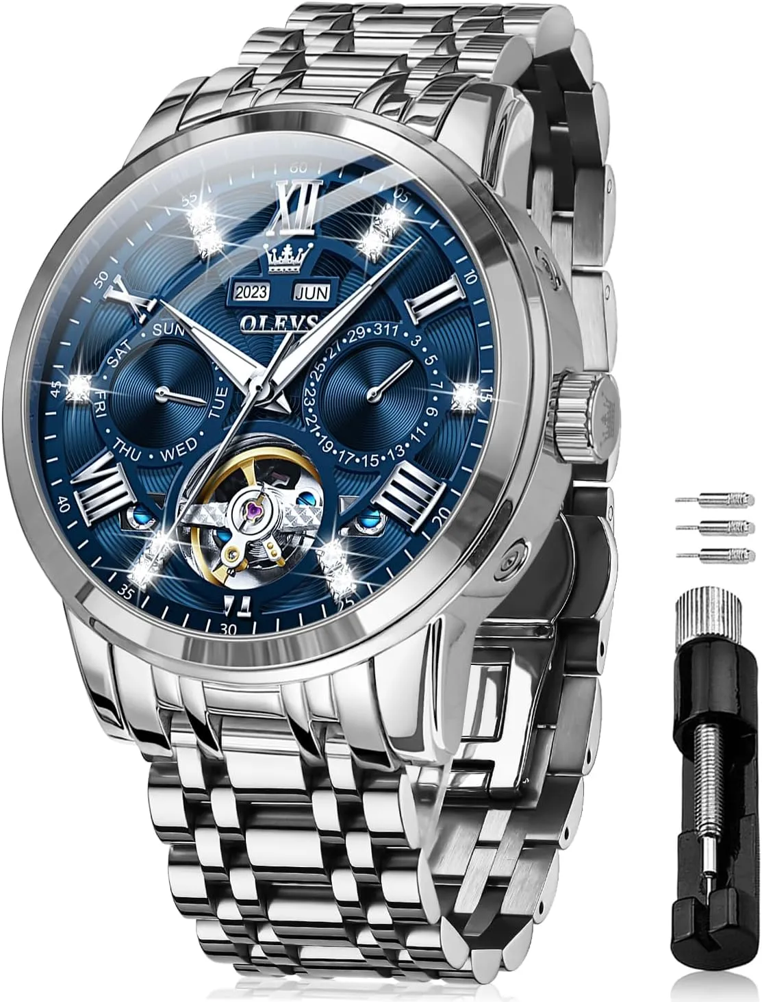 Dress insistence concept community Stainless Steel Diamond Men Wrist Watches OLEVS Automatic Watches for Men Self Winding Mechanical Skeleton Luxury 