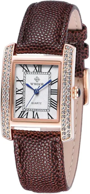 Dress Ladies Casual schematic marlin Rose Gold Quartz Watches carlien Fashion Women Brown Leather Strap Watch Rhinestone 