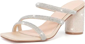 Dress Pumps Shoes DADAWEN chip Women's Rhinestone Heeled Sandals Square Toe Strappy Chunky Block Heels for Women Comfortable Wedding Party 