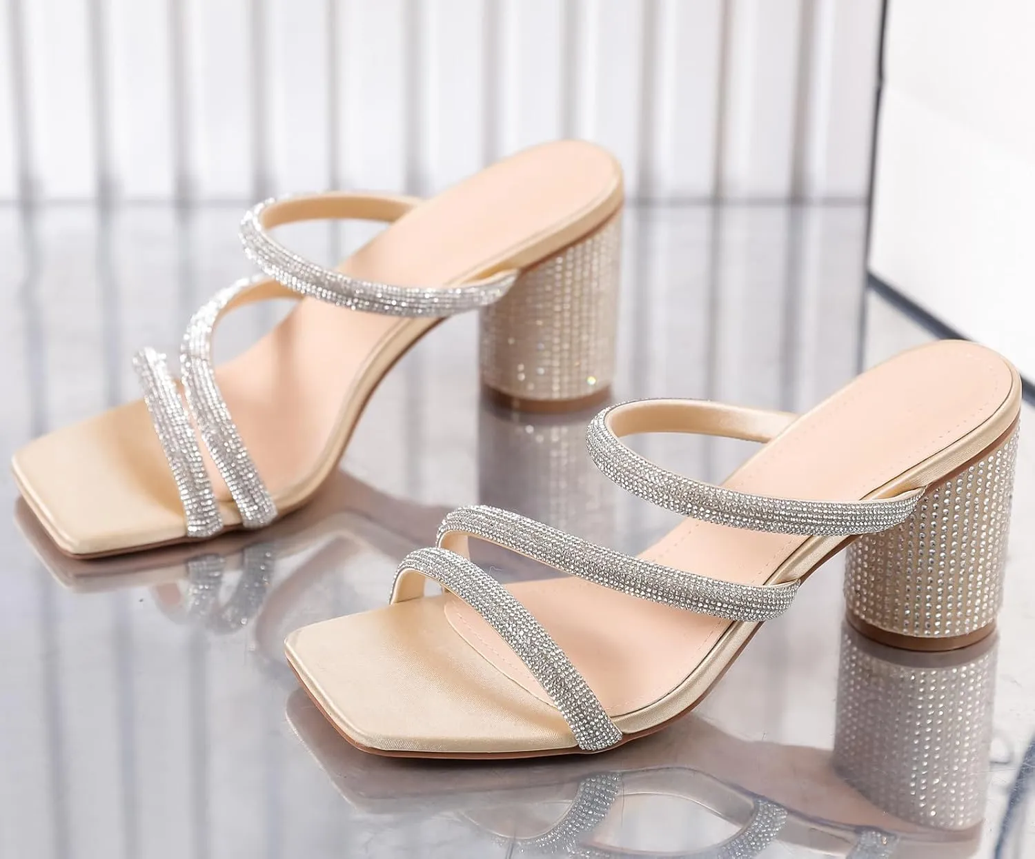 Dress Pumps Shoes DADAWEN chip Women's Rhinestone Heeled Sandals Square Toe Strappy Chunky Block Heels for Women Comfortable Wedding Party 
