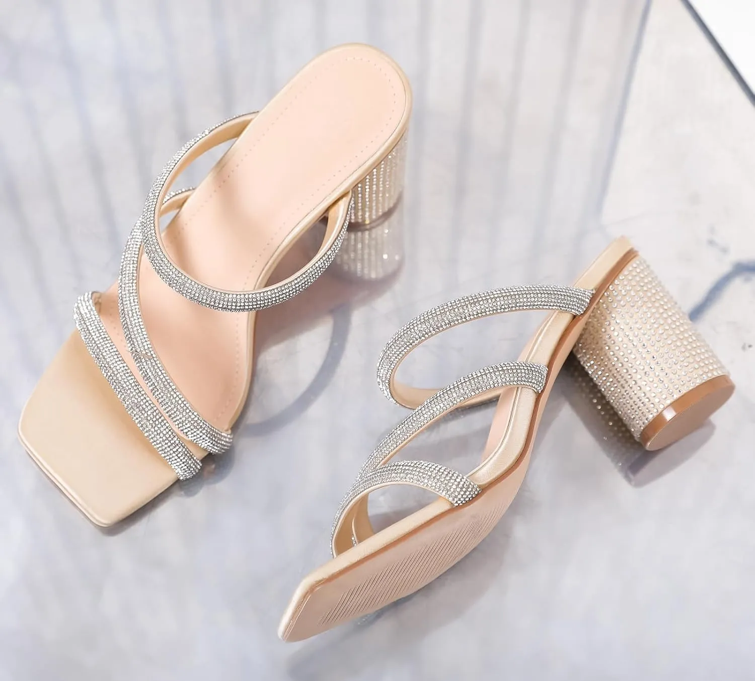 Dress Pumps Shoes DADAWEN chip Women's Rhinestone Heeled Sandals Square Toe Strappy Chunky Block Heels for Women Comfortable Wedding Party 