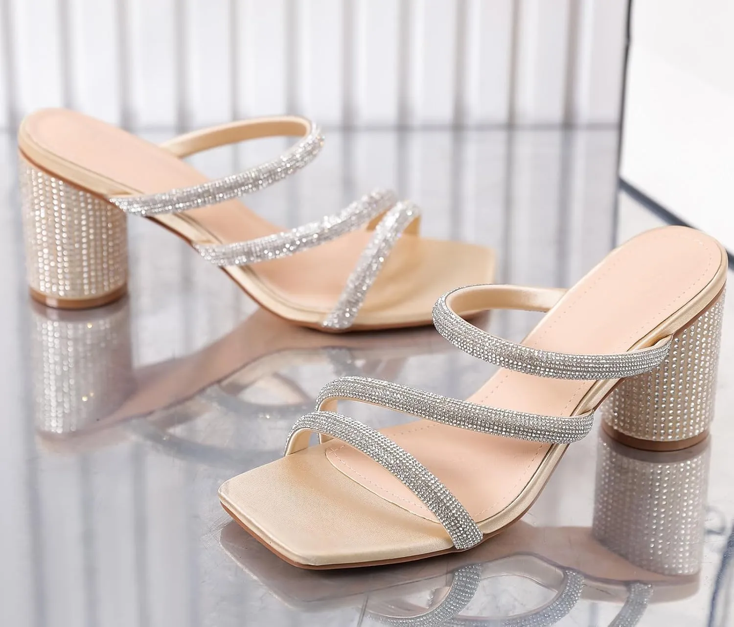 Dress Pumps Shoes DADAWEN chip Women's Rhinestone Heeled Sandals Square Toe Strappy Chunky Block Heels for Women Comfortable Wedding Party 