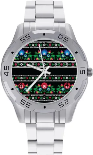 Dress Watch with Stainless Steel Band Work Party wavelength exchange Slavic Traditional Floral Polish Folk Classic Wrist Watches for Men Casual Business 
