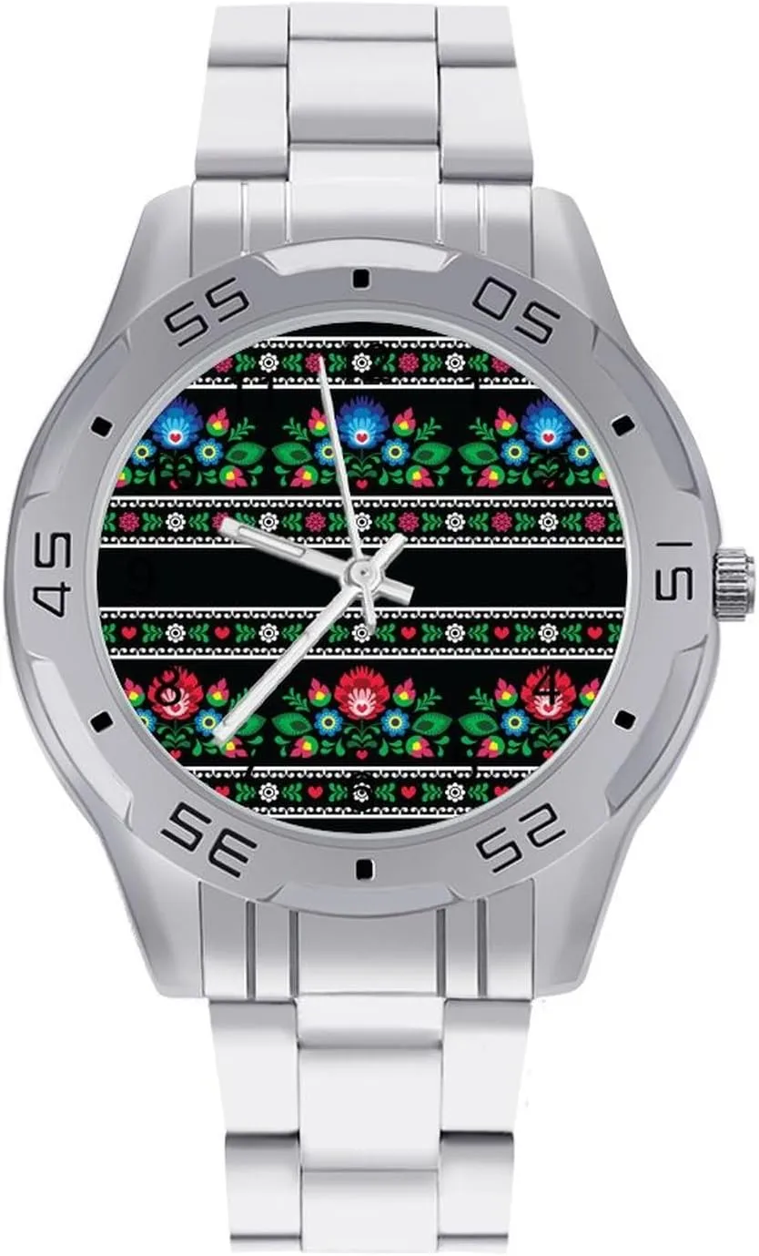 Dress Watch with Stainless Steel Band Work Party wavelength exchange Slavic Traditional Floral Polish Folk Classic Wrist Watches for Men Casual Business 