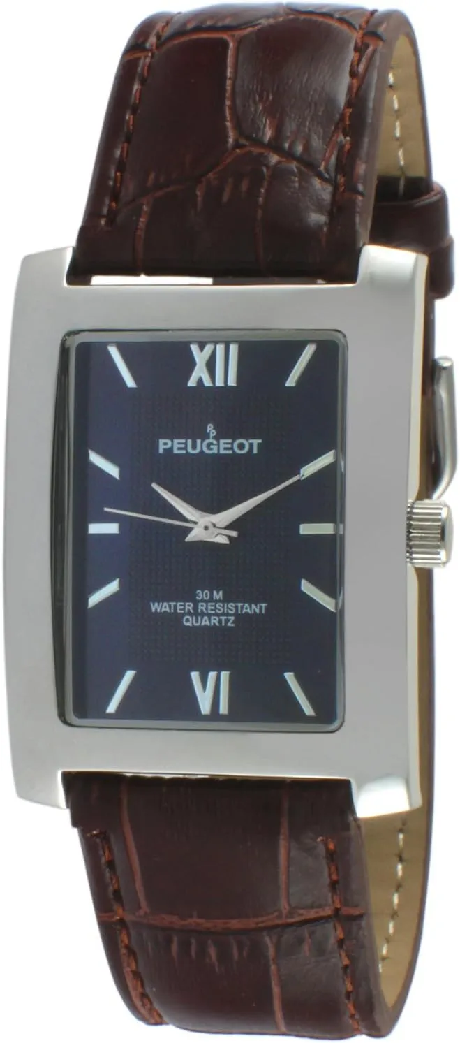 Dress Wrist scam Watch with Leather Strap Band Peugeot Men's Rectangular Textured Roman Numeral Dial Classic 