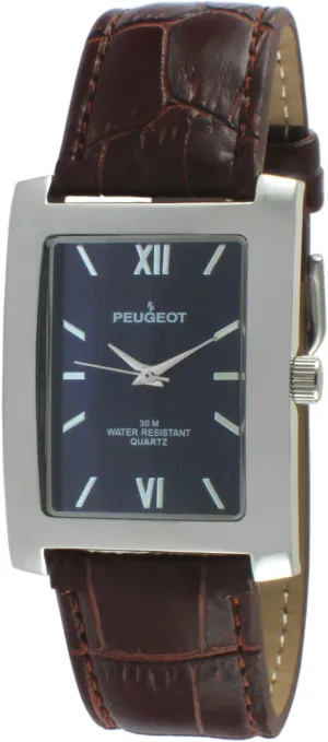 Dress Wrist scam Watch with Leather Strap Band Peugeot Men's Rectangular Textured Roman Numeral Dial Classic 