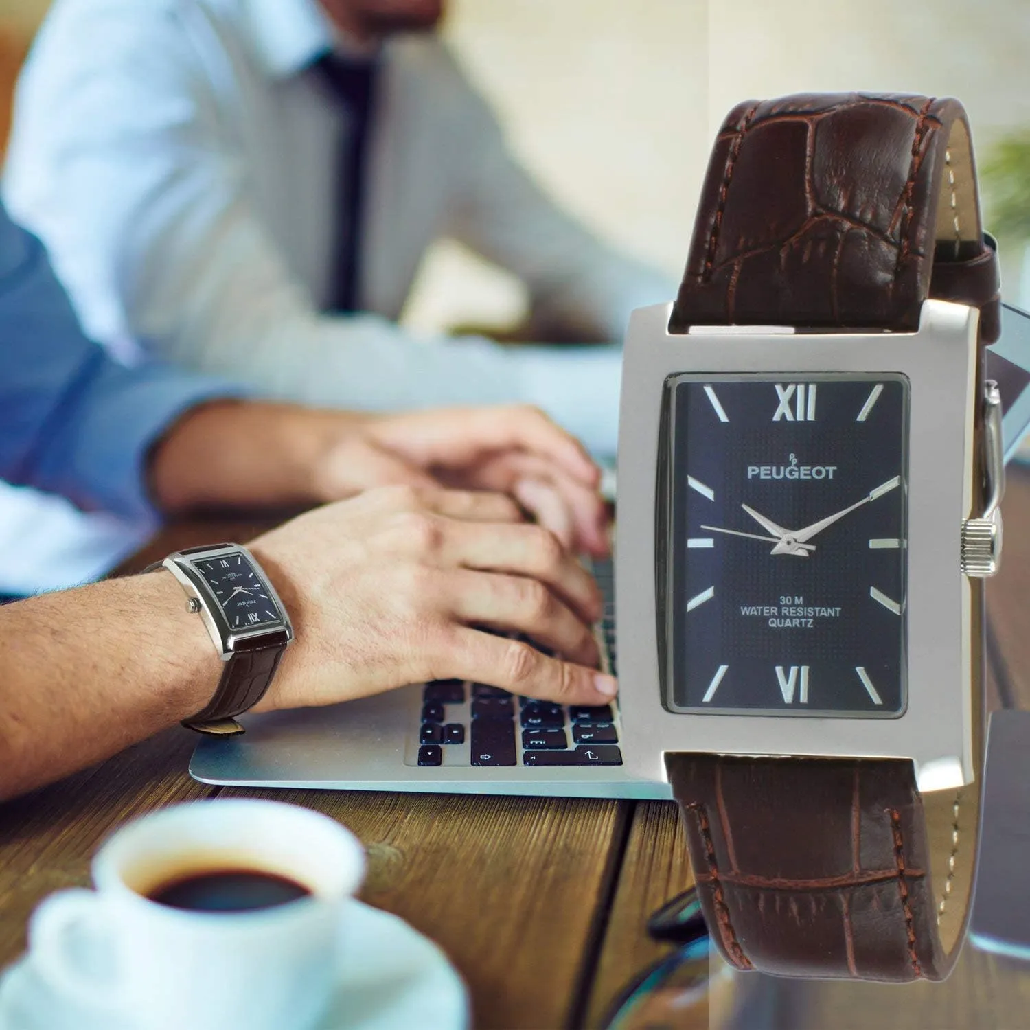 Dress Wrist scam Watch with Leather Strap Band Peugeot Men's Rectangular Textured Roman Numeral Dial Classic 