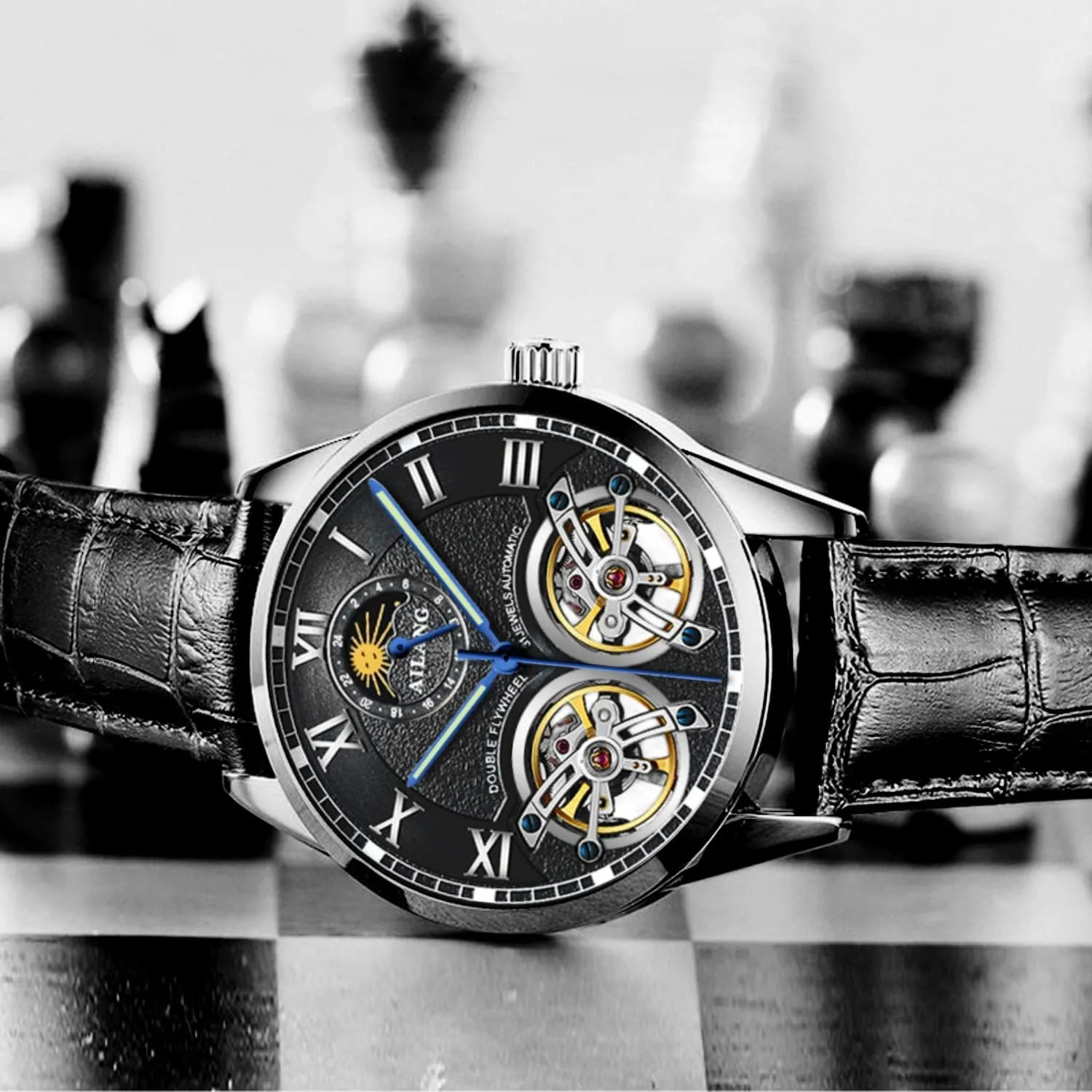 Dual Balance Wheels vegetation retrieve torpor simultaneously successive AILANG Men's Skeleton Watches Automatic Mechanical Watch with 