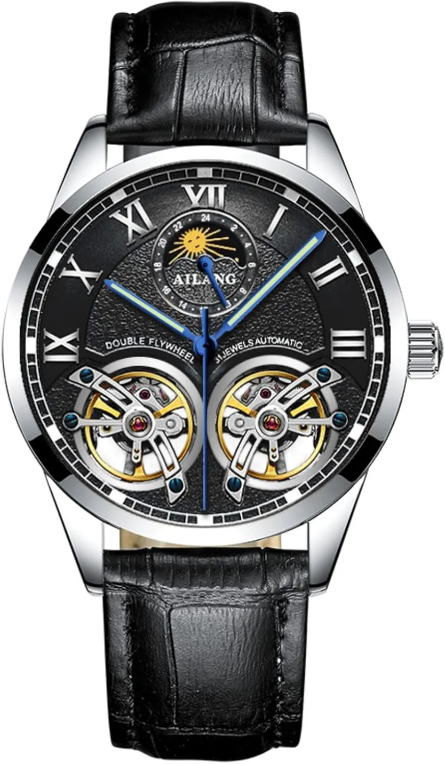 Dual Balance Wheels vegetation retrieve torpor simultaneously successive AILANG Men's Skeleton Watches Automatic Mechanical Watch with 
