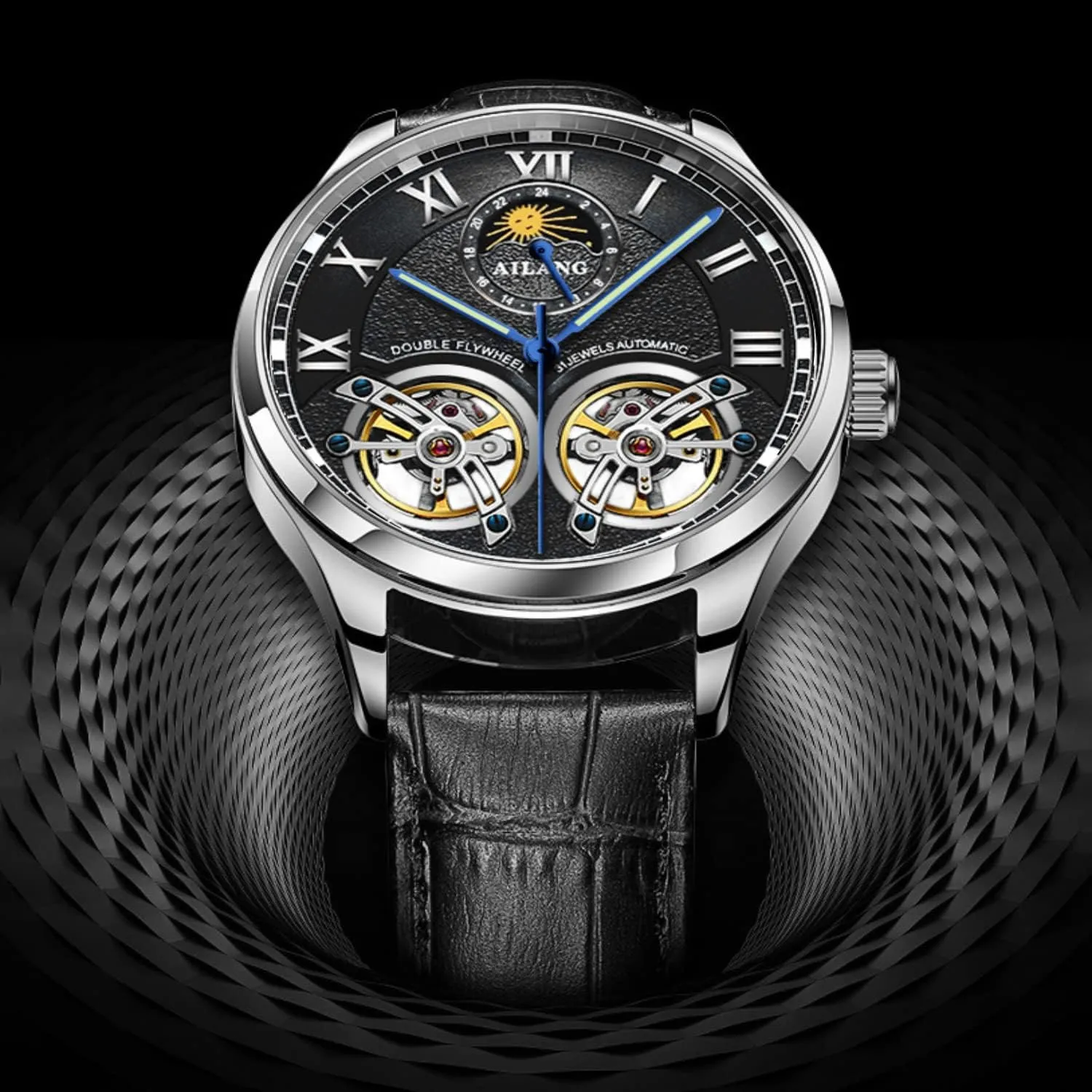 Dual Balance Wheels vegetation retrieve torpor simultaneously successive AILANG Men's Skeleton Watches Automatic Mechanical Watch with 
